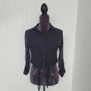 Black Angie Semi Sheer Long Sleeve Blouse Top Women’s Black Cropped Tie Polka L
